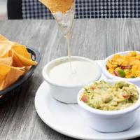 Los Tres Sampler · Your choice of three dips: 
queso, guacamole, mango salsa, salsa borracha, salsa verde, or p...