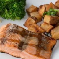 Market Salmon · An 8 oz Salmon filet with choice of preparation, sauce and two sides.