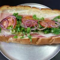 Italian Sub · Provolone cheese, ham, salami, lettuce, tomato, red onions, and peppers.