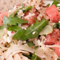 Farro Watermelon Feta Salad · farro, red quinoa, watermelon, baby arugula, shaved fennel, cucumbers, radish, & French feta...