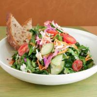 Seasonal Greens Salad · Mixed greens, tomatoes, cucumbers, carrots & pickled red onions, served with white balsamic ...
