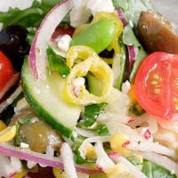 Chopped Vegetable Salad Side · Grape tomatoes, cucumbers, shaved fennel, corn, edamame, radish, baby arugula, mixed olives,...