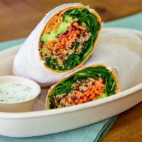 Vegan Wrap · Spinach wrap with quinoa, spinach, tomato, avocado, carrots strings, and hummus.