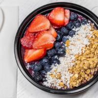 Majik Acaí Bowl · Organic Brazilian Acaí blended with banana and blue spirulina, and topped with granola, coco...