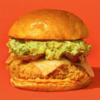 Holy Bacon Guacamole · Our signature fried chicken served on a toasted bun and topped with pepper jack cheese, baco...