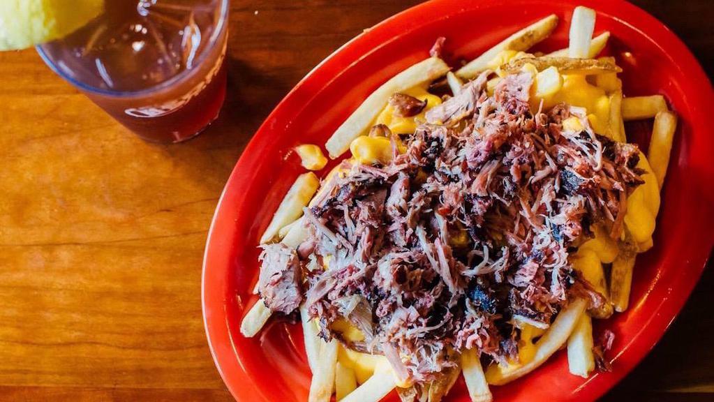 Bbq Cheese Fries · Topped with your choice of brisket, pulled pork, turkey or sausage.