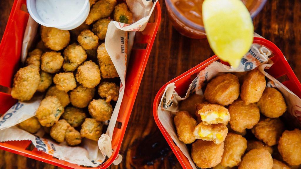 Daily Double · Choose 2 half-portions from our Smokin' Snacks: Corn Nuggets, Fried Okra, Fried Pickles, or Fried Squash