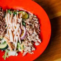 Two Or Three-Meat Salad · Fresh greens topped with your choice of BBQ beef, sausage, pulled pork or turkey.