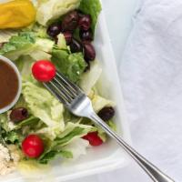 Greek Salad (Small) · Fresh greens, tomato, cucumber, feta cheese, kalamata olives, peperoncini peppers, red onion...
