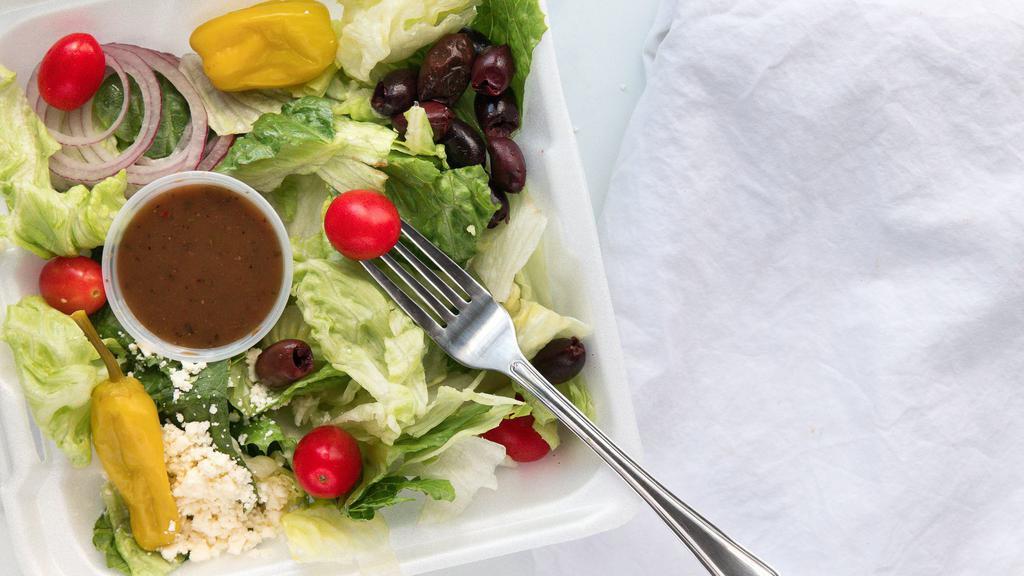Greek Salad (Small) · Fresh greens, tomato, cucumber, feta cheese, kalamata olives, peperoncini peppers, red onion and house vinaigrette.