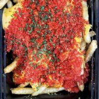 Hot Cheetos Cheese Fries · Crispy fries, cheddar cheese, and XXTRA Flamin Hot Cheetos.