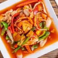 Sweet And Sour · Pineapple, bell pepper, onions, cucumber, carrots, tomatoes, and scallions. Served with frie...