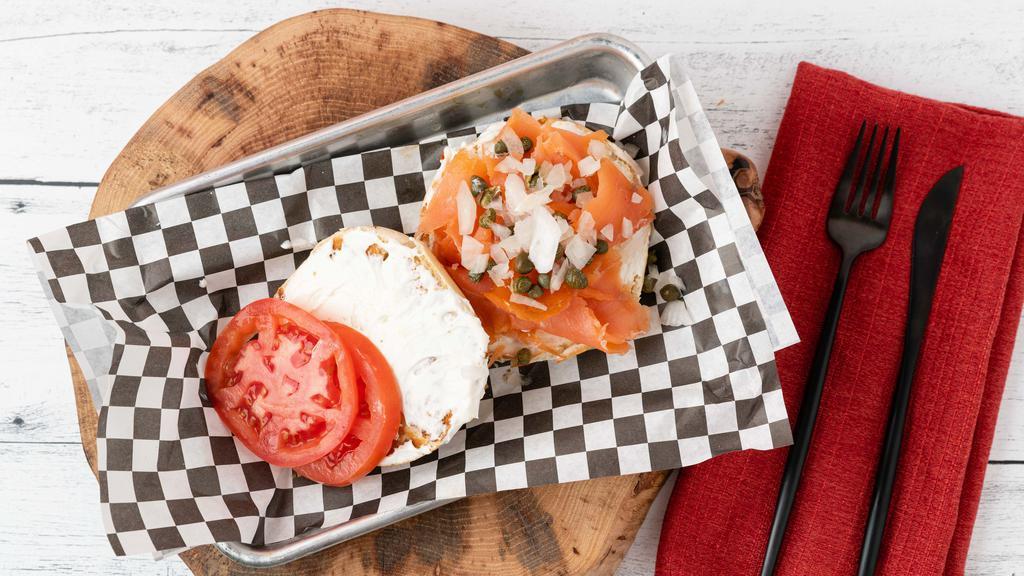 Big City Bitch · Your choice of fresh-baked bagel with cream cheese salmon lox, tomatoes, capers and red onion.