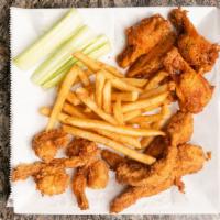 Sudo Sample Platter · Five wings, four shrimp, three tenders, fries and celery (fried only).