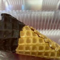 Chocolate Dipped Waffle Cone · 1 fresh baked waffle cone dipped in dark chocolate.