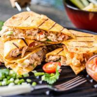 Ft'S Shredded Chicken Quesadilla · Grilled flour tortillas filled with shredded chicken and shredded cheese.