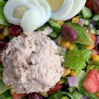 Tuna Salad · A scoop of fresh tuna salad on a bed of lettuce, tomato, cucumber, red onion, corn, olives a...