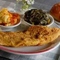Fried Catfish · Includes 2 sides and choice of bread. Top quality farm-raised and a generous seven ounces. O...