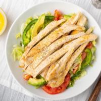 Grill Chicken Salad · Grilled chicken breast on a bed of fresh lettuce, tomatoes, onion and bell pepper, avocado a...