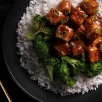 Ma Po Tofu Lunch Bowl · Crispy silken tofu, spicy red chili sauce, steamed broccoli.