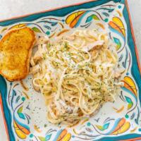 Chicken Alfredo · Served with Garlic Bread and your choice of Cup of Soup House Salad or Caesar Salad.