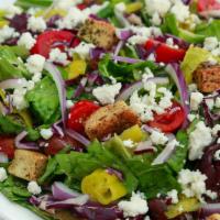 Greek Salad · Mixed Greens, Red Cabbage, Kalamata Olives, Cheery Tomatoes, Red Onions, Pepperoncinis, Feta...