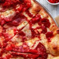 Hot Mamma Pie · Capicola (spicy ham), Fresh Mozzarella, Mama Lil’s Sweet Hot Peppers, Pepper Oil, and our ho...