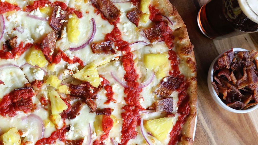 Cauli Pine & Swine Pie · Fresh Pineapple, Red Onions, Applewood Smoked Bacon, Feta Cheese, and our house-made Pizza Sauce.