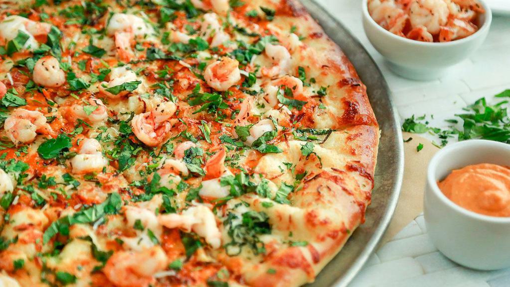 Thai Pie · Shrimp, Toasted Coconut, Thai Curry Sauce, Squeeze of  Lime, Cilantro, and Basil.

**Thai Curry Sauce does contains shrimp**