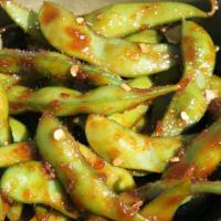 Spicy Edamame · Spicy. Steamed soy beans with spicy sauce.