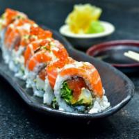 Salmon Lover Roll (Raw/Rice Outside) · Fresh salmon, cucumber, cream cheese and lettuce topped with seared salmon ikura, spicy mayo...