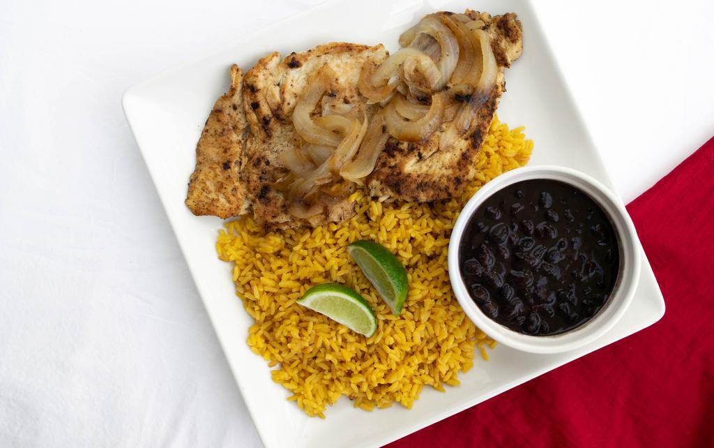 Bistec De Pollo A La Plancha · Fresh boneless chicken breast seasoned with our blend of special spices and grilled to perfection. Topped with fresh sautéed onions.