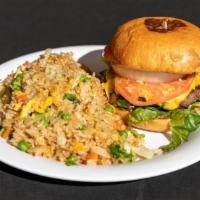 Burger Combow/Rice · Certified Angus Beef 1/2 lb burger and fried rice with drink.