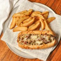 Philly Hoagie · 8.99/632 Cal. Shaved tender marinated steak, caramelized onions, roasted peppers and melted ...