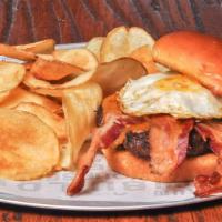 Bacon, Egg & Cheeseburger · Three strips of bacon, cheddar cheese, a fried hard egg, and mayo.