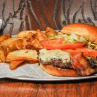 Bleu Cheese Basil Burger · Angus chuck burger in our Italian marinade, topped with bacon, crumbled bleu cheese, tomato,...