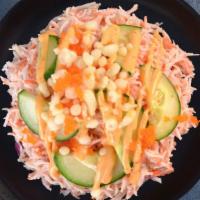 Crunchy Crab Salad · Krab with mayo, red onion, lime juice., tempura flakes, cucumber and masago