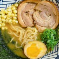Pork Miso Ramen · Miso soup base, Pork belly Chasu, Sweet Corn, Green Onions, Hanjuku egg and Nori Seaweed