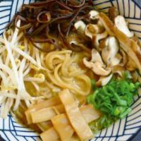 Shitake Mushroom Ramen · Miso soup base, Shitake mushrooms, Wood Ear Mushrooms, Bean sprout, Bamboo shoots and Green ...