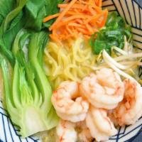 Wild Shrimp Ramen · Spicy Soy Sauce soup base, Wild Shrimp, Baby Bokchoy, Green Onions, Bean sprout and Carrots
