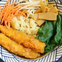 Spicy Panko Shrimp Ramen · Spicy Soy Sauce soup base, Panko Jumbo Shrimp, Chopped Spinach, Bamboo Shoots, Carrots and B...