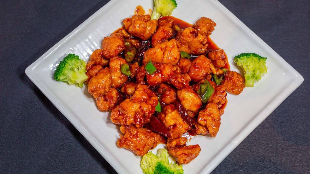 General Tso'S Chicken · Spicy. Breaded and fried chicken with diced red and green peppers in sweet and spicy sauce. Spicy.