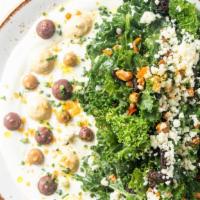 Mediterranean Kale Salad  · Yuzu yogurt, olive puree, garlic puree, hummus, barley, raisins, cashews, cotija, veggie med...