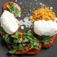 Burrata & Heirloom · Balsamic dijon vinaigrette, basil, mint, cilantro, olive oil powder, crouton powder