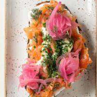 Salmon Tartine · Creme fraiche, soft eggs, everything seasoning cream cheese, chives, dill on sourdough. Add ...