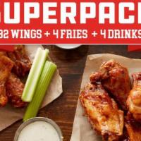 Party Pack · Jumbo platter of 32 traditional wings served with 4 sides of fries and 4 colas. Comes with y...