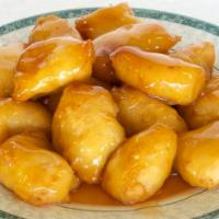 Sweet And Sour Chicken · Served with egg roll and pork fried rice