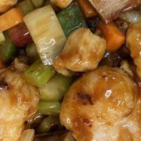 H 4.Kung Pao Triple (Szechuan Style ) · Spicy. Large jumbo shrimp & beef sauteed with celery, green and red pepper, mushroom, water ...