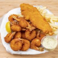 Fish, Shrimp & Fries · 1pc whiting fish, 12pcs shrimp with fries.
(Upgrade to Catfish, Tilapia or swai for an addit...