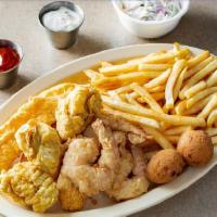 Catfish, Shrimps & Oyster Combo · With sides: fries, hush puppy, coleslaw.